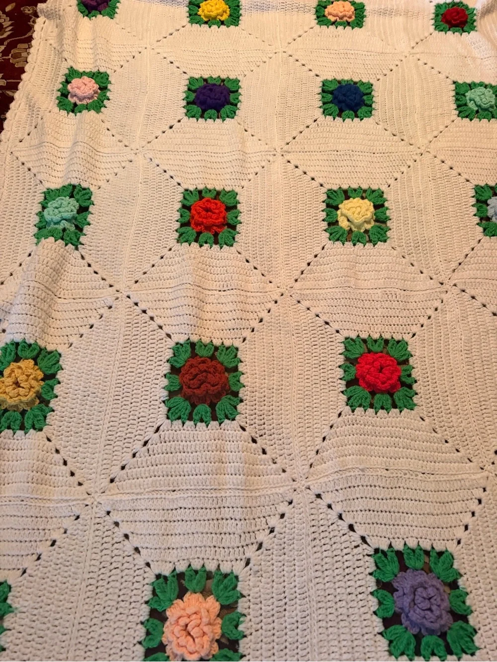 Vintage Handmade Crochet Floral Square Throw Blanket